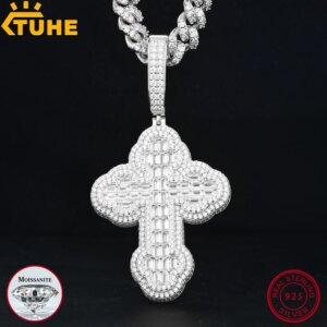 TUHE Unisex Cross Pendant Necklace S925 Silver For Men Hip Hop Jewelry with Baguette Diamond Like Brilliance Birthday Gift 