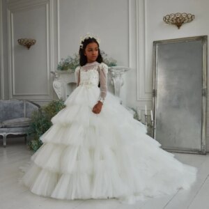 Shining Tulle Lace Flower Girls Dress Fluffy Floral Layered First Communion Ivory White Childrens Kids Princess Gown Custom Made