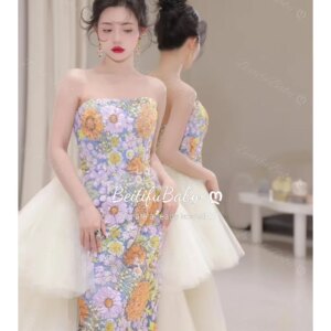 Customized Chinese Style Women’s Mermaid Evening Dress Embroidery Strapless Light Luxury Gown Vintage Formal Dresses for Women