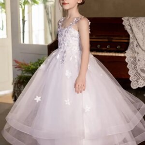 3D Flower Appliques Dress First Communion Dresses for Girls Tulle Flower Girl Dress for Wedding pageant dresses for girls