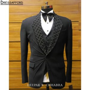 Black Formal Wedding Suits Pleat Crystal Beading Men’s Business Suit 2 Pieces (Jacket+Pants) Man Tuxedo Groom Wear