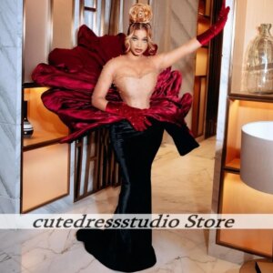 Black And Wine Red Evening Dresses Exquisite Beaded Peals Contrast Color Mermaid Prom Dress African Female Luxury Customized