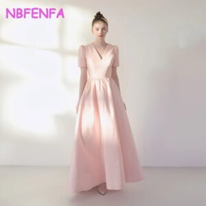 V Neck Korea Pink Wedding Dresses A Line Satin Short Puff Sleeve Customised Prom Evening Party Photo Shoot Backless Bridal Dress