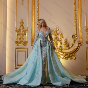 Luxury Off The Shoulder Long Sleeve Pearls Prom Dress Sky Blue Formal Evening Gown Vestido De Noite