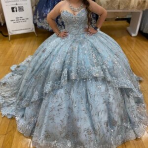 Sky Blue Shiny Sweetheart Ball Gown Quinceanera Dress 2025 Tulle Appliques Off Shoulder Sweet 15 16 Years Birthday Party Formal