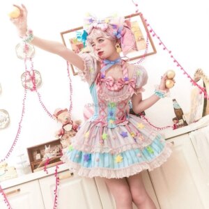 2025 new women retro fashion lolita lo dress daily short sleeve yarn short puffy skirt cute colorful princess fairy dress w152