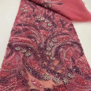 Latest Nigerian Lace Fabrics Fashion Women African Tull Lace Luxury Handmade Beads Sequins Fabrics for Wedding 5Yards