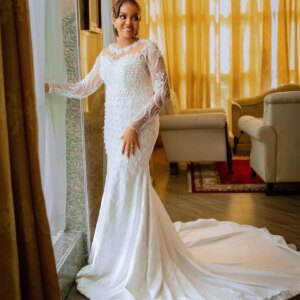 Aso Ebi Plus Size White Mermaid Wedding Dresses Lacefull Pearls Full Sleeves Vintage Bridal Gowns Dress Vestidos De Novia