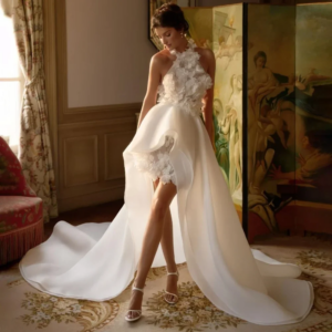 Sexy Off Shoulder White Short Wedding Dress Detachable Robe Charming Sleeveless 3D Decal Beach Bridal Gown Customization