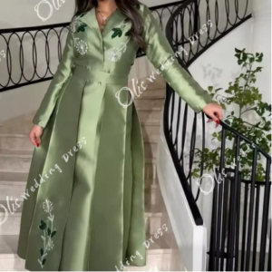 customized  Formal Embroidery Satin Green Off the Shoulder Evening Dress Fashion V-Neck A-Line Long Sleeves Vestidos De Fiesta