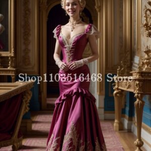 Vintage Victorian Prom Party Dress Rose Pink Elegant V-Neck Corset Corset Mermaid Satin Mid Century Customised