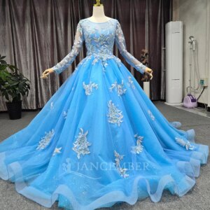 Blue Princess Quinceanera Dress Flower Long Sleeves Crystals Beads vestidos de 15 quinceañera Birthday Party Gown Customized