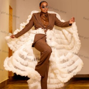 Luxury Cape Women Suit Pants Set Wrap Blazer+Trousers 2 Pieces Formal Office Lady Ruffles Tulle Wedding Tuxedo Custom Made