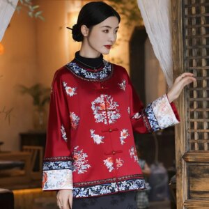 Acetic acid heavy embroidery double cardigan hand disc button new Chinese style lady dress