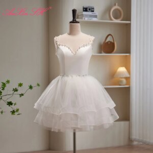 AnXin SH princess white satin spaghetti strap beading pearls backless party short customized evening dress little white dress