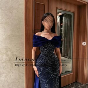 Stunning Beaded Crystals Evening Dress Customized African Arabia Prom فساتين سهرة with Train Off Shoulder Wedding Party Gowns