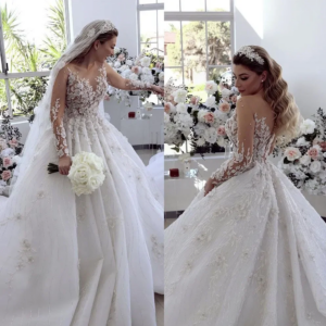 Customized Luxury Exquisite Beaded Applique Wedding Dress Lace Long Sleeve V-Neck Backless Organza Elegant Bridal Dress 2025