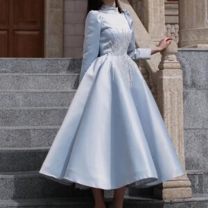 Customized Temperament Satin A-Line Sequined Evening Dresses High Neckline Long Sleeves Special Occasion Gowns Delicat