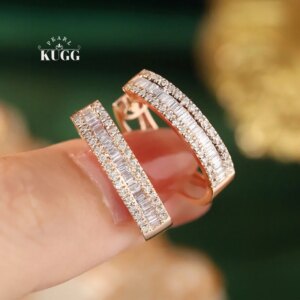 KUGG 100% 18K Rose Gold Earrings Luxury Simple Style 0.80carat Real Natural Diamond Hoop Earrings for Women High Party Jewelry