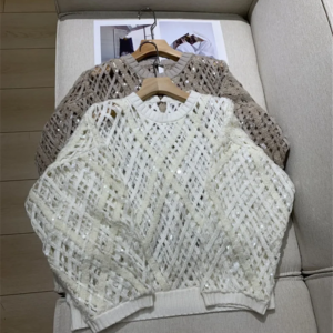 Heavy Sequin Women’s Hollow Out Sweater Cashmere Mohair Blend Round Neck Long Sleeve Fashion Loose Knitted Pullover