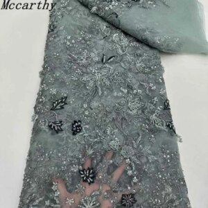 African Lace Fabric 2025 Handmade Beaded Lace Fabric France Sequins Nigerian Embroidery Bridal Mesh Lace Fabric For Sewing