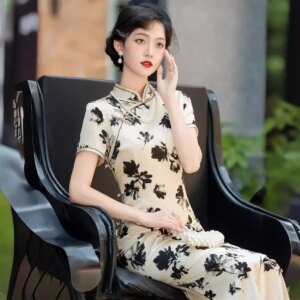 High-End Quality Real Silk Cheongsam Qipao Summer Women’s Improved Ink Painting Dress Chinese Style Dress