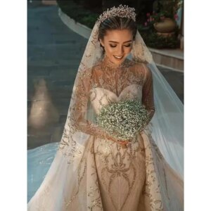 High-end Evening Dresses High Collar Floor Length Long Sleeves Mermaid Detachable Lapel Princess Shiny Smart Women Prom Gowns