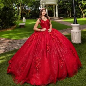 Customized Shiny Red Off Shoulder Quinceanera Dress sequin applique Tull Lace 3D flower vestidos de 15 Quinceanera 