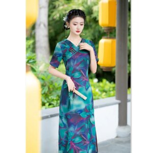 Improved Long Low Collar Cheongsam Qi Pao Summer New Middle-Aged and Elderly Women Daily Dress