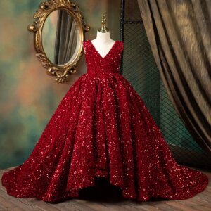 Jill Wish Luxury Shiny Dubai V-Neck Burgundy Girl Dresses Arabic Princess Gown for Kids Birthday Wedding Party Pageant J087