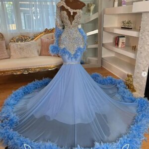 Baby Blue Luxury African Prom Dress for Black Girl customsized Sparkly Diamond Crystal Feather Mermaid Long Evening Formal Gown