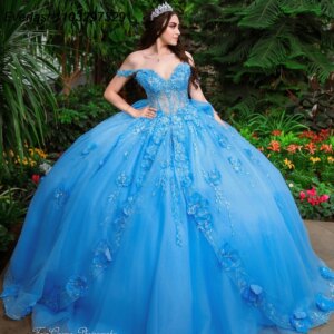 EVLAST Customized Blue Quinceanera Dress Ball Gown Floral Applique Crystal Beaded Tiered Sweet 16 Vestido De 15 Anos QD1127