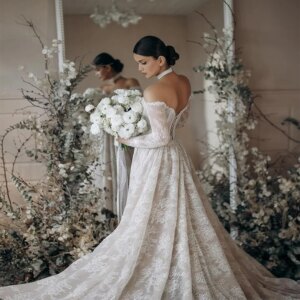 Customized Fashion Sweetheart Lace Wedding Dress 3/4 Sleeve A-line Backless Lace Up Custom Size Bridal Gowns