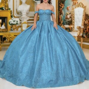 Sky Blue Shiny Off Shoulder Quinceanera Dresses Sequin Applique Lace Beads Bow Tull Party Birthday Sweet 16 Dress Vestidos 15