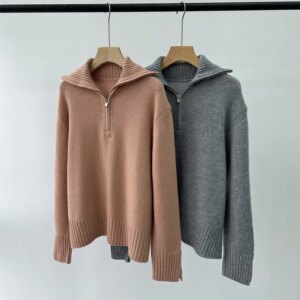 Autumn Women’s Cashmere Half Zipper Sweater Turn-down Collar Long Sleeve Loose Ladies Knitted Pullover
