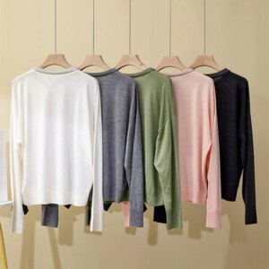 Women’s Spring/Summer New Round Neck Long-Sleeved Silk Wool All-Match Sweater Top