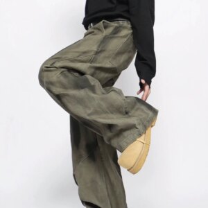 Niche Design Loose Pleated Stitching Worn Jeans Men’s Fashion Casual Wide Leg Profile Matchet Pants