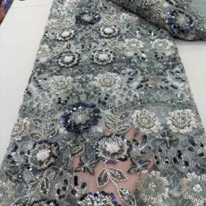 Brangdy French 3D Mesh Heavy Lace Fabric with Beads African Sequins Applique Nigerian Fabric for Wedding Party