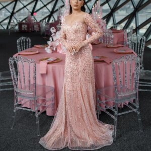 BABYONLINE Customized Evening Dress with Glitter Beaded Stones Gems Bodice Illusion-neckFull Sleeve Sparking Mermaid Formal Gown