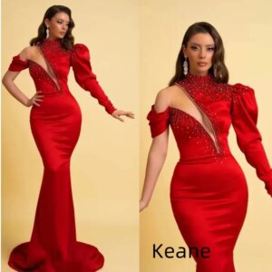 Red Deep V One Sleeve Mermaid Satin Evening Dress vestido de festa Islamic Dubai Kaftan Saudi Arabic Evening Prom Dress