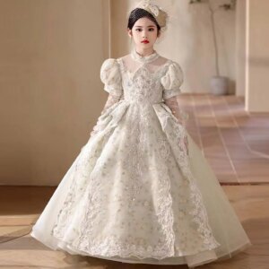 Jill Wish Luxury Sage Green Beads Girl Dress Court Train with Sleeve Arab Kids Princess Wedding Birthday Party Holiday Gown J314