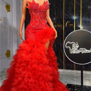 Real Image Luxury Red Long Prom Dresses With Flower Sparkle Crystal Beaded Evening Dress Ruffles High Slit Birthday Party Custom