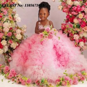 EVLAST Customized Pink Ruffles Flower Girls Dress for Wedding Party Tiered Little Girls Pageant Gown First Communion Dress FD70