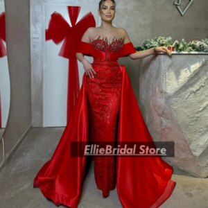 Formal Red Evening Dresses With Detachable Train Sequin Off Shoulder Mermaid Wedding Party Dress Special Occasions Customized