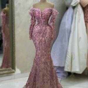 Pink Glitter Evening Party Dresses Sparkly Off The Shoulder Long Sleeves Arabic Evening Dress 2023 Full Crystals Prom Gown Robes