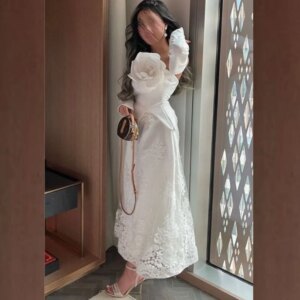Customized Evening Jersey Applique Flower Ruched A-line Off-the-shoulder Bespoke Occasion Gown Midi Dresses