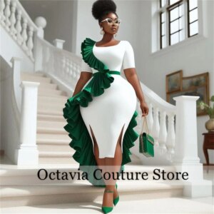 Saudi Arabia White Green Ruffles Evening Dresses Aso Ebi Plus Size Sheath Prom Gowns Short Sleeves Women Cocktail Party Dress