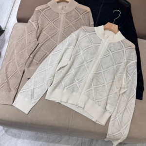 Women’s Hollow Out Knitted Cardigan Zipper Stand Collar Long Sleeve Solid Color Thin Sweater