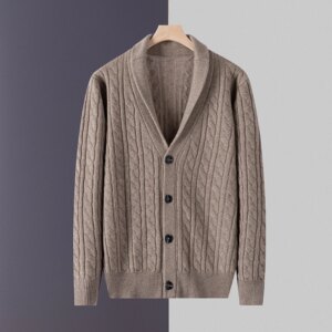 Men’s Cashmere Cardigan Autumn/Winter Thick Knit Jacket Single-Breasted Collar Loose Blouse Wool Tops for Casual Wear
