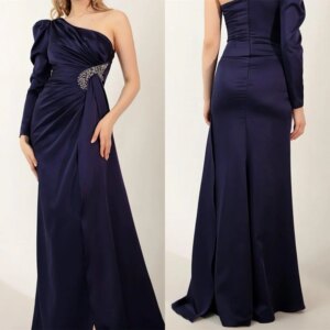 Customized  Classic Black Satin Evening Dress Temperament  One Shoulder Half Sleeves Mermaid Crystal Bespoke Occasion G